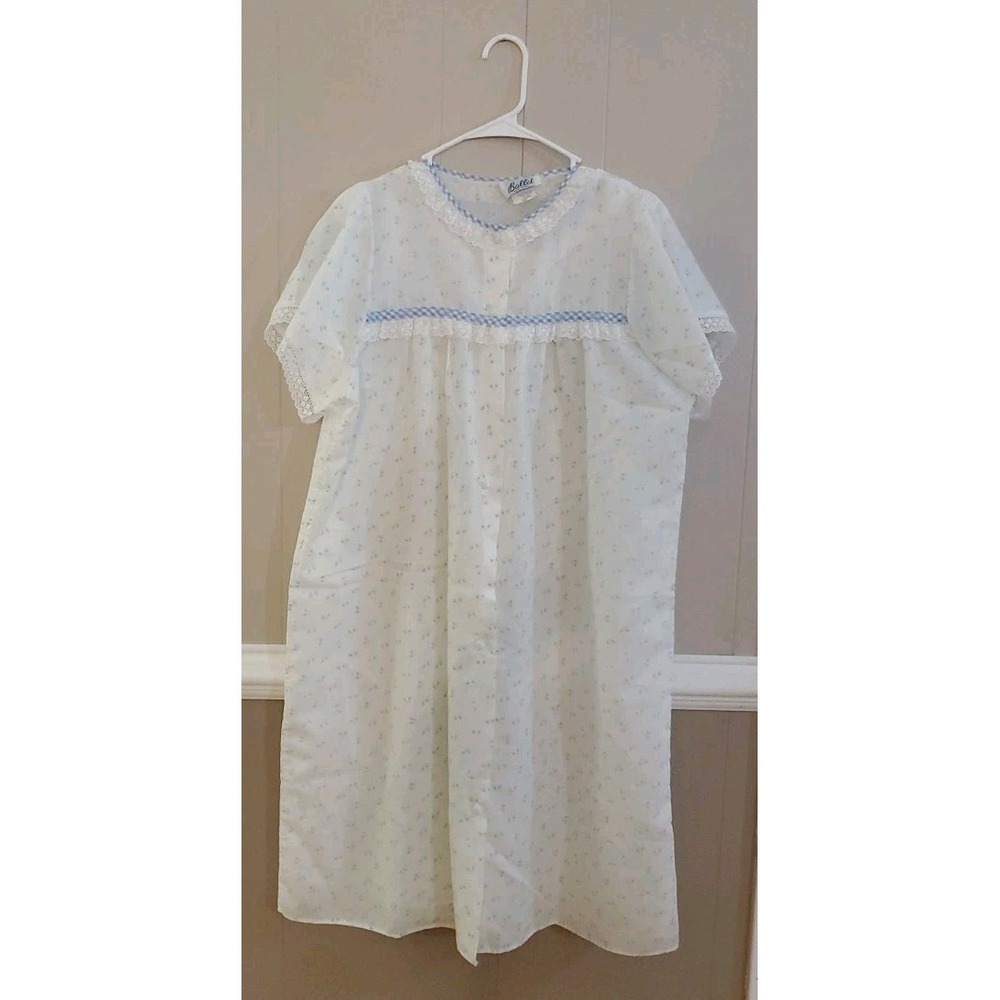 Vintage Ballet New York Floral Lace Trim Nightgown and Robe Sz L White Blue Rose